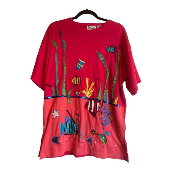VTG Ashley Hill Fish Tropical Women’s Top T-shirt Pink Sequin Cosplay Large - Picture 1 of 11